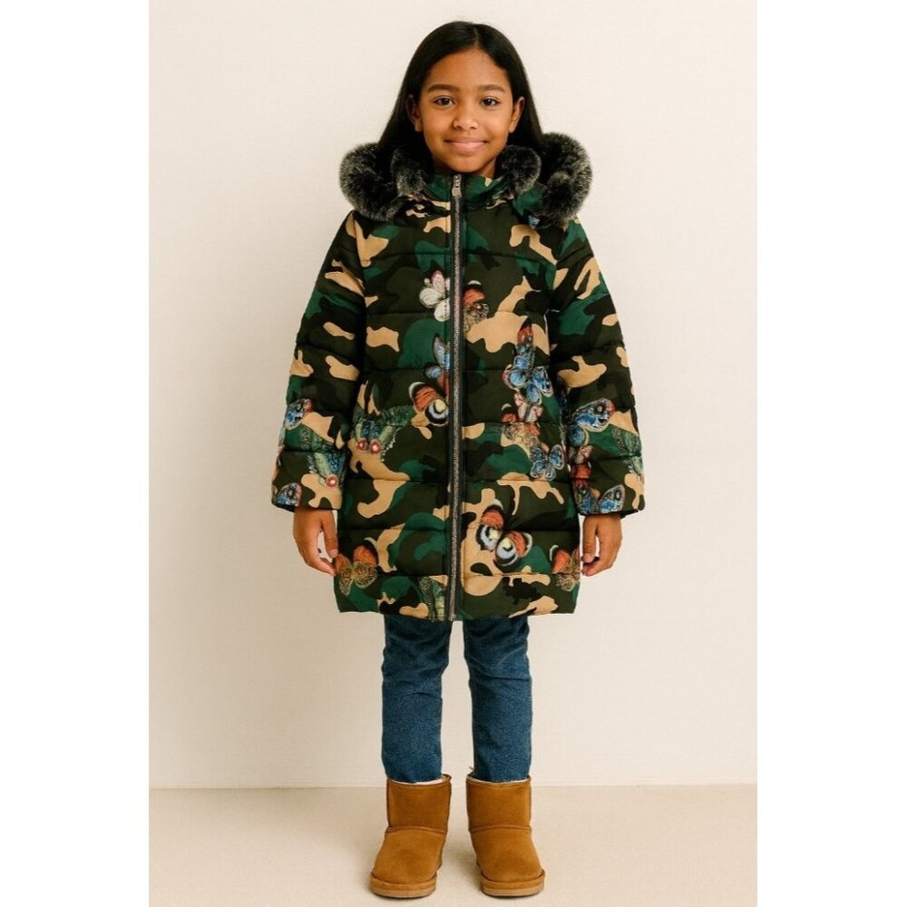 Girls Camo Butterfly Winter Coat  with Fur Trim Hood